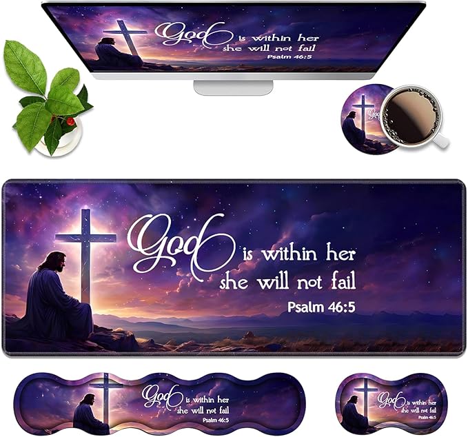 Ergonomic Memory Foam Mouse Pad Wrist Rest Set Large Gaming Desk Pad + Keyboard Wrist Rest + Mouse Wrist Cushion + Coaster for Home Office Study Gaming Christian Cross Quote Bible Verse Psalm 46:5
