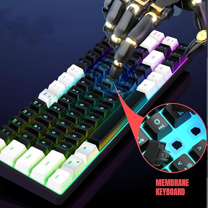 Membrane Wired Gaming Keyboard RGB Backlit Membrane Gaming Keyboard 68 Keys Linear Mechanical Feel Keyboard Ergonomic USB Computer Keyboard for Office Home Game (White Black)