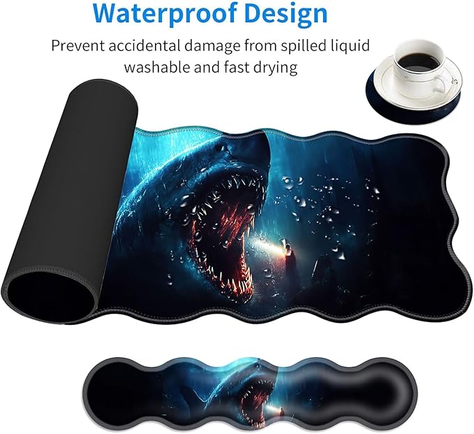 Large Mouse Pad and Keyboard Wrist Rest Desk Pad for Keyboard and Mouse 4-in-1 Large Gaming Mouse Pad with Wrist Support Desk Mat for Home Office Study Game-Cute Shark