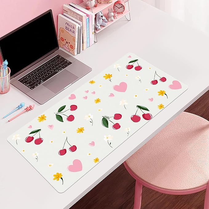 Idocolors Cherry Desk Mat Cute Extended Gaming Keyboard Mouse Pad Large Office Desk Cover Mat Pad Deskmat Non-Slip Leather Home Office Desk Mat Protector 31.5×15.7