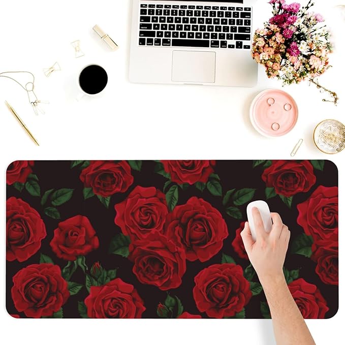 Rose Red Flower Large Mouse Pad Gaming Mousepad with Wrist Support Rubber Computer Keyboard Mat for Desk Laptop Non-Slip Full Deskmat Protector Waterproof Writing Pad Office Home 16x35.5 in
