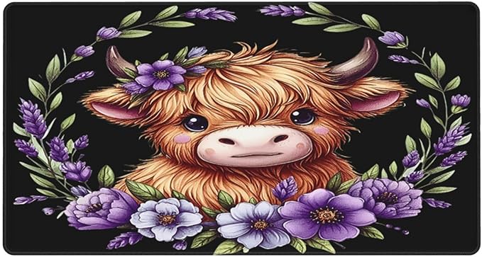 Cute Highland Cow Purple Floral Mouse Pad Non Slip Large Desk Keyboard Mat Gaming Protection Pad 16X29.5 Inch