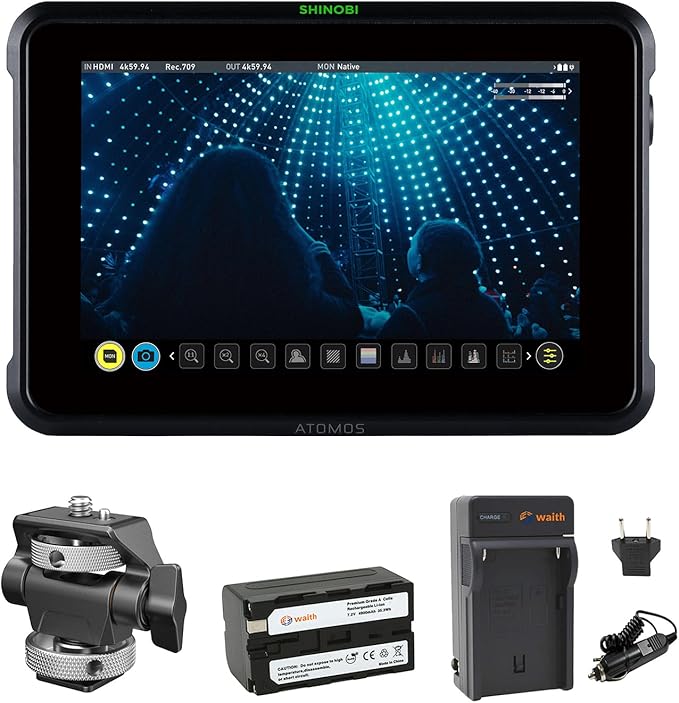 Atomos Shinobi 7-Inch 4K Photo and Video Portable Monitor | 1920 x 1200 Touchscreen Display Video Monitors with HDMI 2.0 in/Out | SmallRig Swivel &amp Tilt Cold Shoe Mount Battery &amp Charger Bund