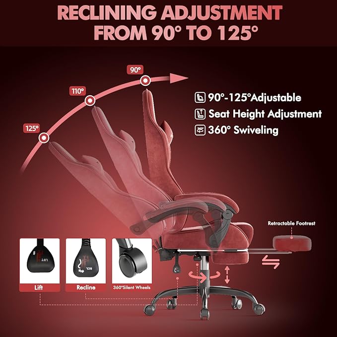 Soontrans Ergonomic Velvet Fabric Gaming Chair with Footrest Comfortable Video Gamer Chair for Adult Reclining Ergonomic Office Computer Desk Game Chairs with Massage Lumbar CushionHeadrest