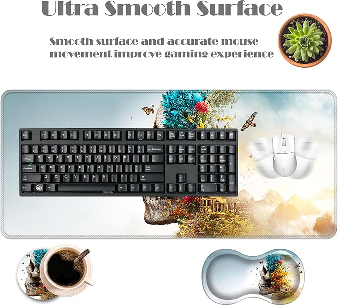 Ergonomic Keyboard Wrist Rest &amp Mouse Pad Wrist Rest SetXL Gaming Desk Mat 31.5x 11.8Non-Slip BaseMemory FoamEasy Typing Pain Relief for Office &amp HomeSkull with Tropical Jungle