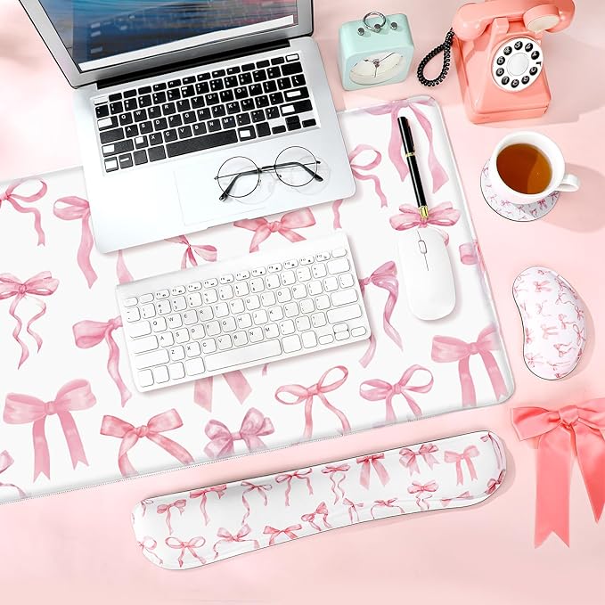 4 Pcs Pink Bow Keyboard Mat and Mouse Pad Set Coquette Desk Mat Bowknot Mouse Pad with Wrist Rest Cute Keyboard Wrist Rest Preppy Cup Coasters Pink Ergonomic Design for Office Table Computer