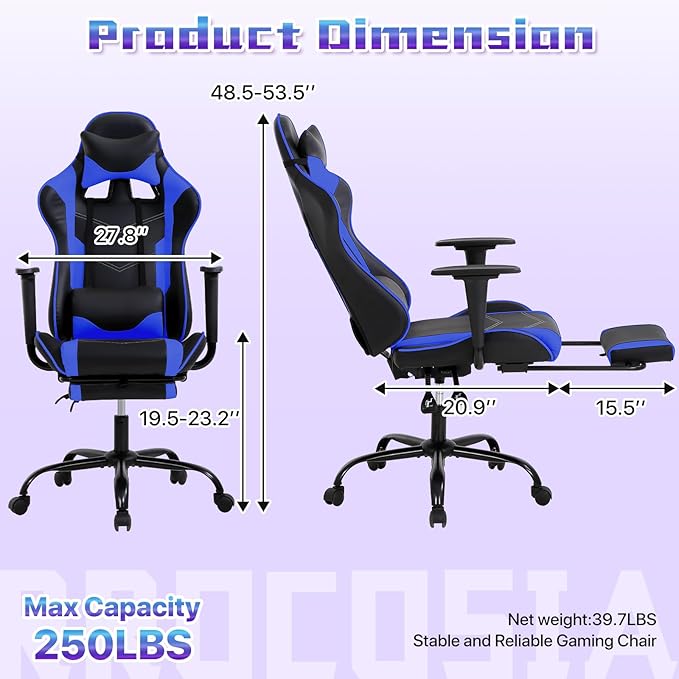 Gaming Chair for Adults - 250lbs Capacity Video Game Chair with Footrest &amp Lumbar Support Ergonomic 360° Swivel Height Adjustable Office Gamer Chair Heavy-Duty PU Leather (Blue)