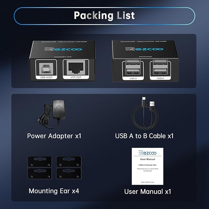 USB Extender 165ft 50m 4-Port USB2.0 HUB by Cat5e Cat6 -Two Webcam Work SyncPlug &amp Play for Camera Storage Hard Drive PC WindowsMacOSAndroid1.5m USB Cable 5V Power U SB Over Ethernet