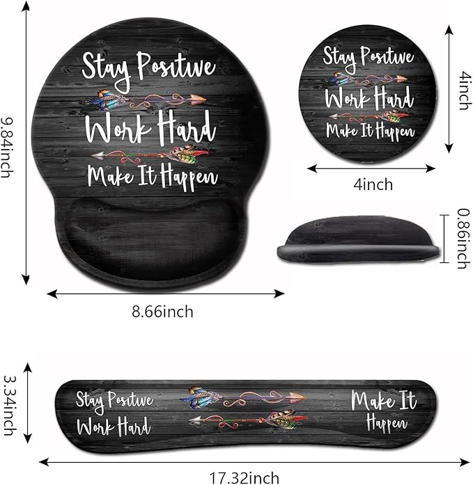 Ergonomic Mouse Pad with Gel Wrist Rest SupportNon-Slip PU Base for Computer Laptop Home Office Stay Positive Work Hard and Make It HappenSilver Glitter Black pad Memory Foam Keyboard Wrist Rest
