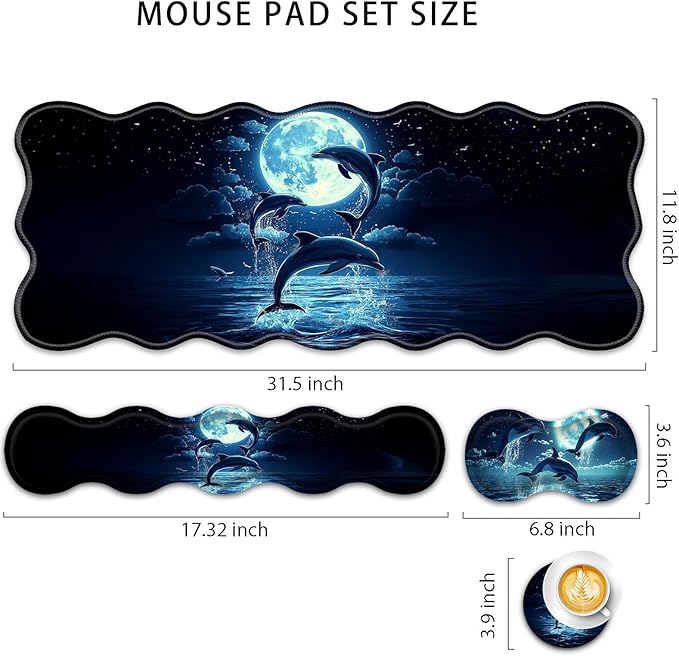 4 in 1 Desk Mat SetMouse Pad with Keyboard Wrist RestWave-Shaped DesignNon-Slip Rubber BaseWaterprooffor HomeOfficeGamingCute Dolphin