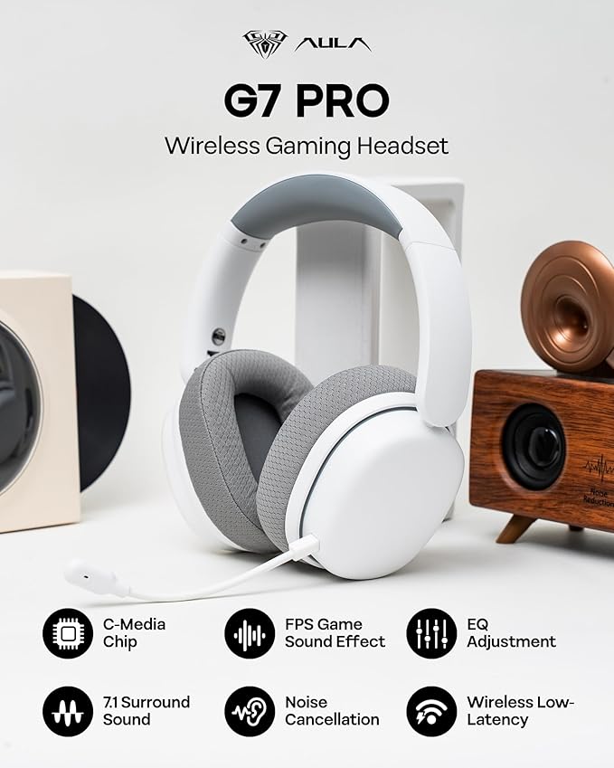 EPOMAKER X Aula G7 Pro Wireless Gaming Headset Dual Mode BT5.3 &amp 2.4GHz 7.1 Surround Sound 80+ Hour Battery RGB Light with Noise Canceling Mic for PS5 PS4 Switch PC (White)
