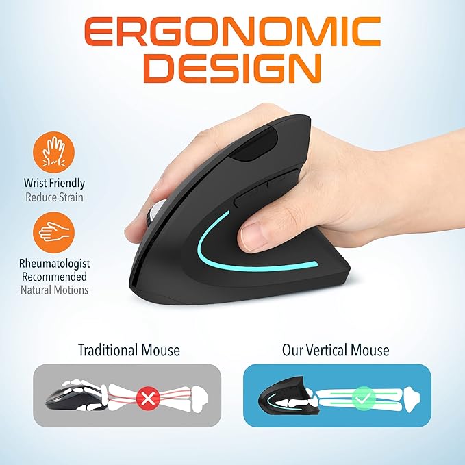 Delton Ergonomic Vertical Wireless Mouse 2.4GHz USB Dongle 6 Buttons 3 Adjustable DPI Levels (800/1200/2400) AA Battery Operated Compatible with PC Laptop Mac Chromebook and More - Black