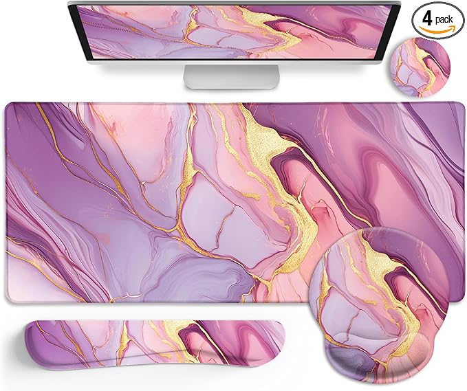 Marble Mouse Pad Set Large Desk Matt for Desktop Ergonomic Mouse Pad with Wrist Rest for Gaming Wrist Support Keyboard Mat Cup Coaster Set Office Desk Decor Accessories
