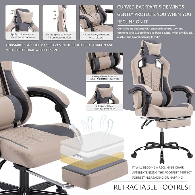Computer Chair Gaming Gaming Chair with Massager Ergonomic High Back Racing Style Chair with Padded Armrests and Headrest for Long Sessions Work Game (Grey)