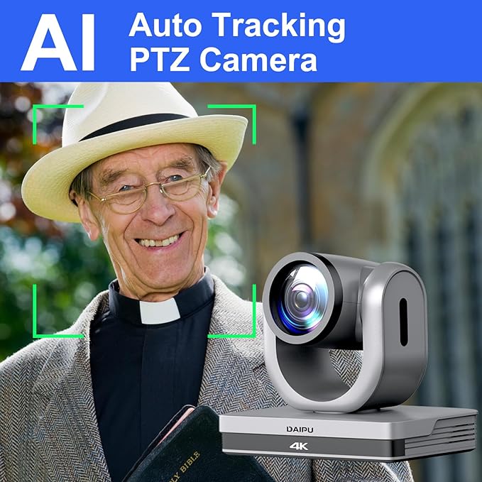 PTZ Camera 4K 12X Optical Zoom Conference Room Camera HDMI USB3.0 LAN PoE AI Auto Tracking 1/2.8 8.29MP CMOS Sensor 255 Presets for Church Worship Live Streaming Business Video Conference