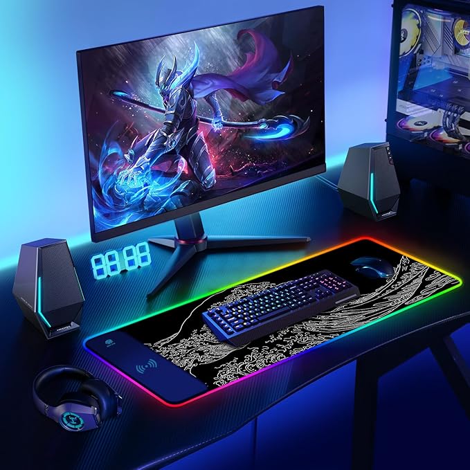 ToLuLu RGB Wireless Charging Gaming Mouse Pad 7.5/10/15W 10 Light Modes LED Mouse Pad Computer Keyboard Mat Mousepad 800x300x4MM Extended Large Desk Pad Mat Japanese Kanagawa Sea Wave Black White