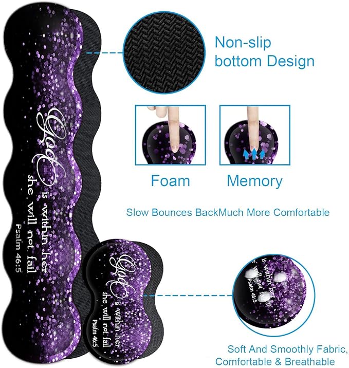 Black Gaming Mouse Pad Extended Large Mouse Pads Ergonomic Memory Foam Keyboard Wrist Rest Support &amp Non-Slip Mouse Wrist Rest for Laptop Desk Writing Pad Purple Glitter Psalm 46:5 Office Desk M