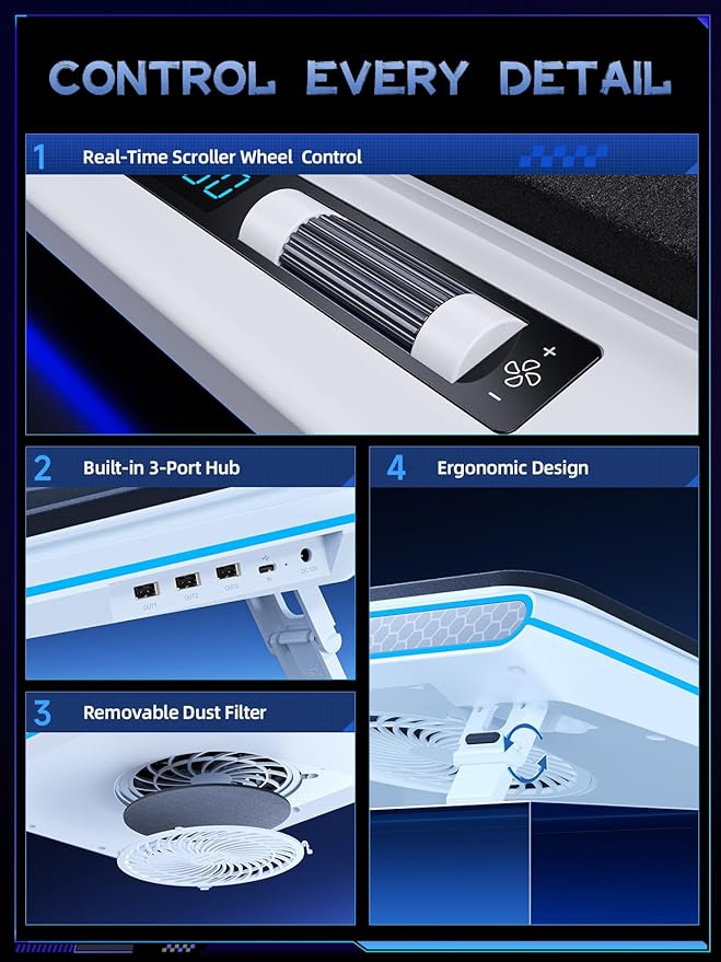 llano RGB Laptop Cooling Pad White Powerful Turbofan Quiet Cooling Touch Control LCD Screen Seal Foam 15-19in Laptops