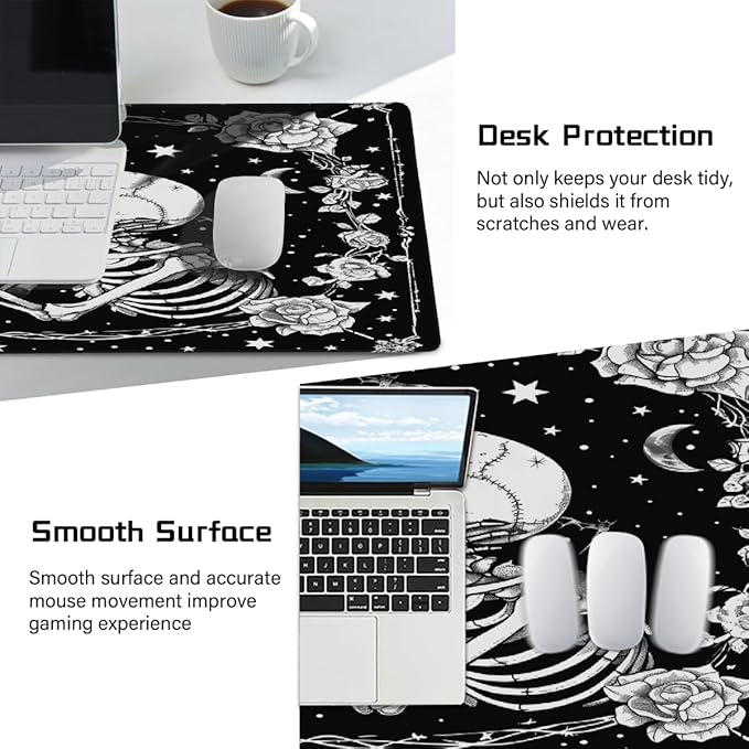 Large Black Romantic Skull Mouse Mat Computer Mousepad with Non-Slip Rubber Base Waterproof Mouse Pad Desktop Keyboard Pad for GamerHome School Laptop Office Accessories16x35.5in