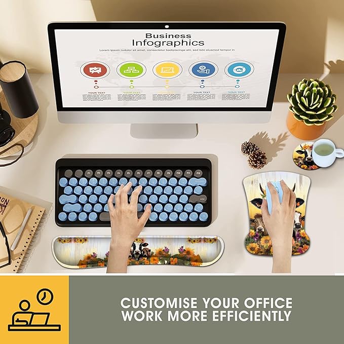 Keyboard Wrist Rest and Mouse Pad Wrist Support Set Ergonomic Gel Mouse Pad Wrist Rest with Non-Slip Base for Home Office Desk Pad Easy TypingSunflowers Cute Farmhouse Cow Pattern Gaming Mouse Mat