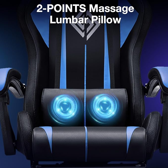 RGB Gaming Chair Massage with LED Lights and Ergonomic Computer Gaming Chair with Footrest High Back Video Game Chairs with Adjustable Lumbar Support Blue and Black