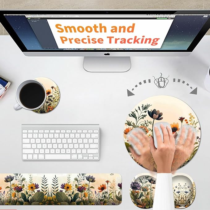Mouse Pad with Wrist Rest + Keyboard Wrist Rest + Gaming Mouse Pad + Coasters Ergonomic Memory Foam Wrist Pad Set with Easy Typing &amp Pain Relief for Computer Laptop Office &amp Home - Floral Flow