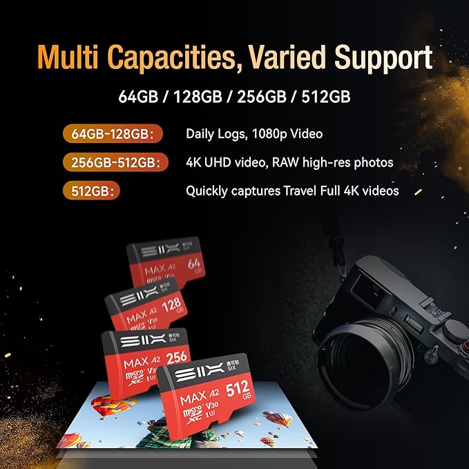 SIX M200 512GB Micro SD Card Read Up to 190MB/s for 4K UHD Continuous Recording - A2 U3 V30 microSDXC Memory Card 512GB with Adapter for Action Cameras Drones Gaming Consoles Dash Cams Phones