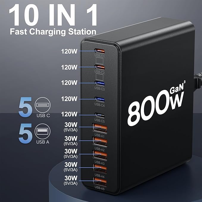 800W USB C Charger Block10-Port Charging Station GaN Fast Charging Type C &amp USB A Wall Charger Adapter for MacBook Pro/AiriPhoneiPadDell XPSSamsung Galaxy (Bright Black)