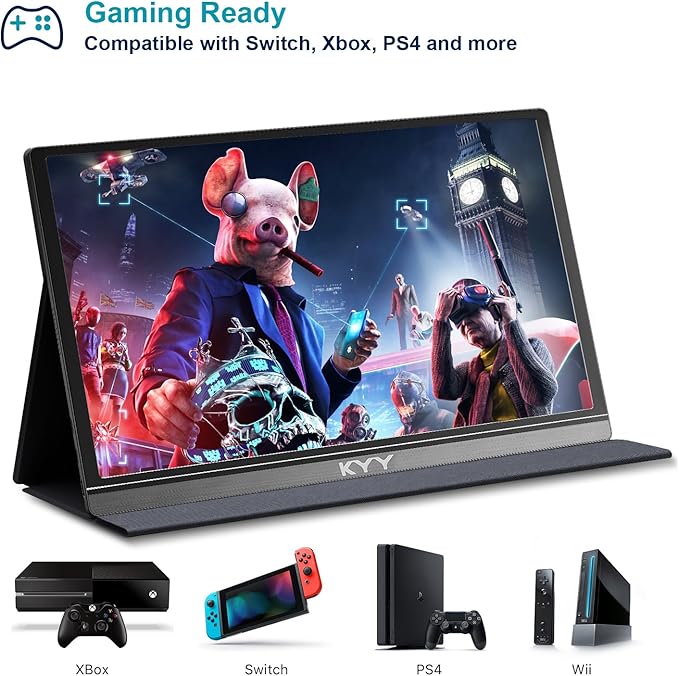 KYY Portable Monitor 15.6inch 1080P FHD USB-C HDMI Computer Display HDR IPS Gaming Monitor w/Premium Smart Cover &amp Screen Protector Speakers for Laptop PC MAC Phone PS4 Xbox Switch