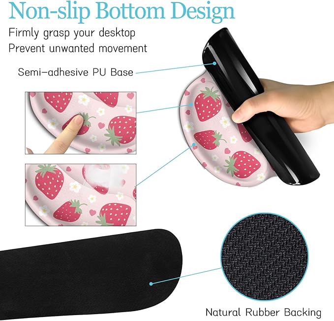 Strawberry Mouse Pad Desk Mat Set Pink Ergonomic Mouse Pad with Wrist Rest Large Gaming Mousepad Wrist Support Keyboard Mat Cup Coaster Set Cute Office Desk Decor Accessories Supplies