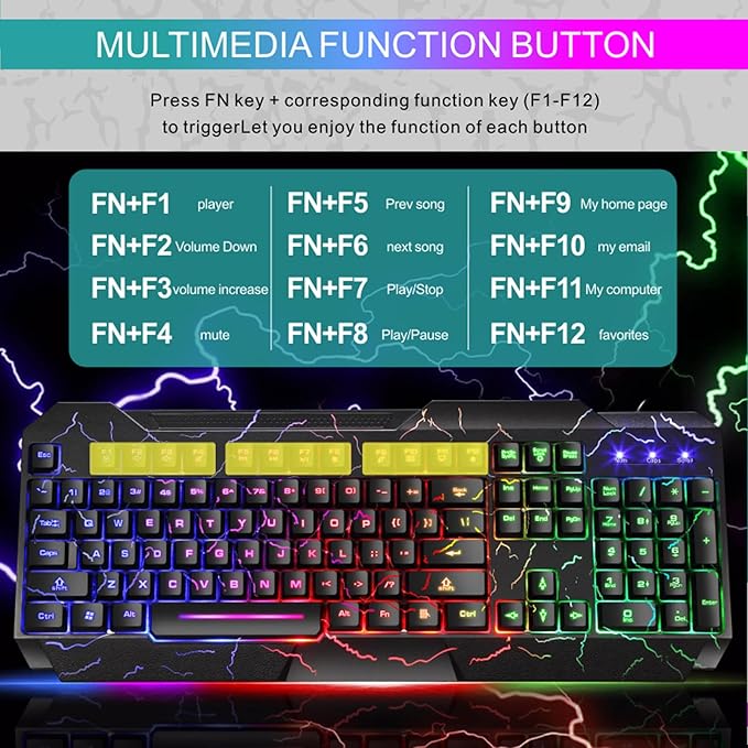 Wired Crack Rainbow Gaming Keyboard and Mouse Combo 104 Keys Light Up Mechanical Feeling Computer Keyboard Wired Gaming Keyboard and Mouse for PC MAC Xbox Gamer(Black)