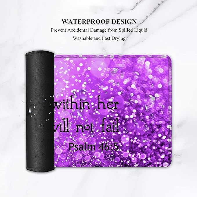 Gaming Mouse PadLarge Mouse Pad with Stitched EdgeNon-Slip Base Office Desk Pad Ergonomic Keyboard Wrist Rest SetWaterproof Writing PadPsalm 46:5 Purple Glitter Pattern Extended XXL Desk Mat