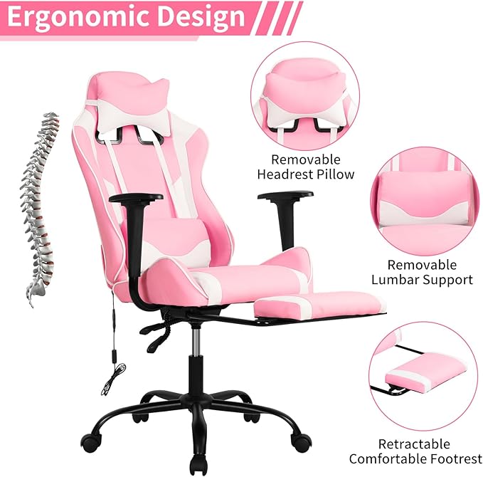 BLKMTY Massage Gaming Chair with Footrest Ergonomic Office Chair Racing Computer Chairs PU Leather with High Back Lumbar Support Headrest Reclining Chairs Pink