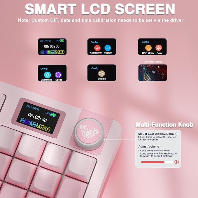 AULA S98 Pro Wireless Mechanical Keyboard with Screen &amp Knob2.4GHz/USB-C/BT5.0 Hot Swappable Pink Creamy KeyboardPre-lubed Linear SwitchesSide Printed PBT KeycapsRGB Backlit Gaming Keyboards