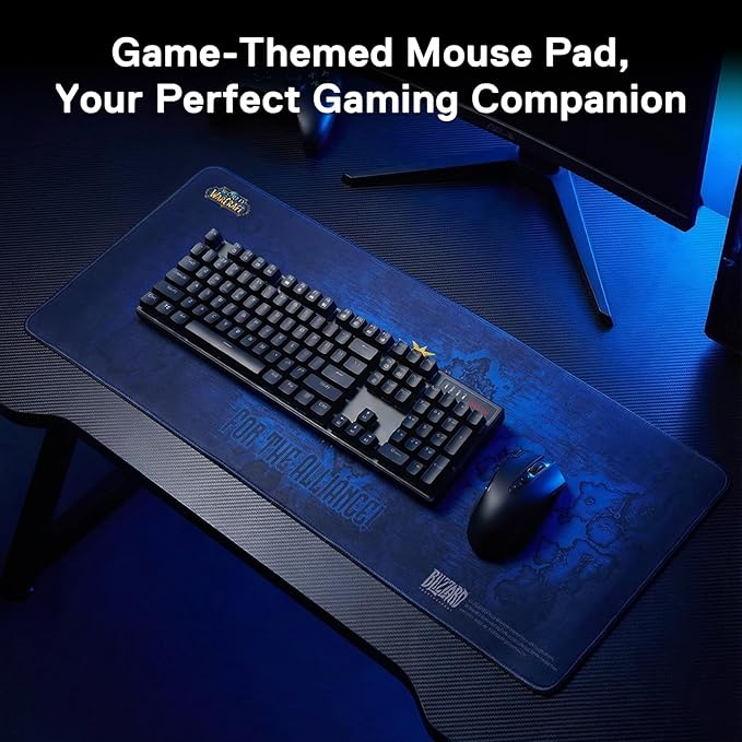 Blizzard Gaming Mouse Pad XXL Desktop Keyboard Mat Wow Themed Symbol Cloth Cover with Stitched Edge Smooth Tracking &amp Stability Never-Slip Rubber 31.5x11.8x1.2 in (Blue)