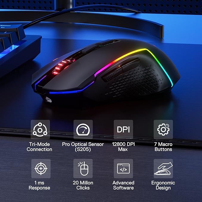 Redragon M693 LIT Wireless Gaming Mouse 12800 DPI Mice w/ 3-Mode Connection BT &amp 2.4G Wireless 7 Macro Buttons Reliable Power Capacity for PC/Mac/Laptop