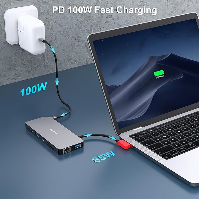 BENFEI 9in1 USB C MST Laptop Docking Station USB-C Hub with HDMI DisplayPort Dual Monitor/3*USB Type-A/1*USB Type-C(10Gbps+100W PD)/SD/TF Card Reader/1*RJ45