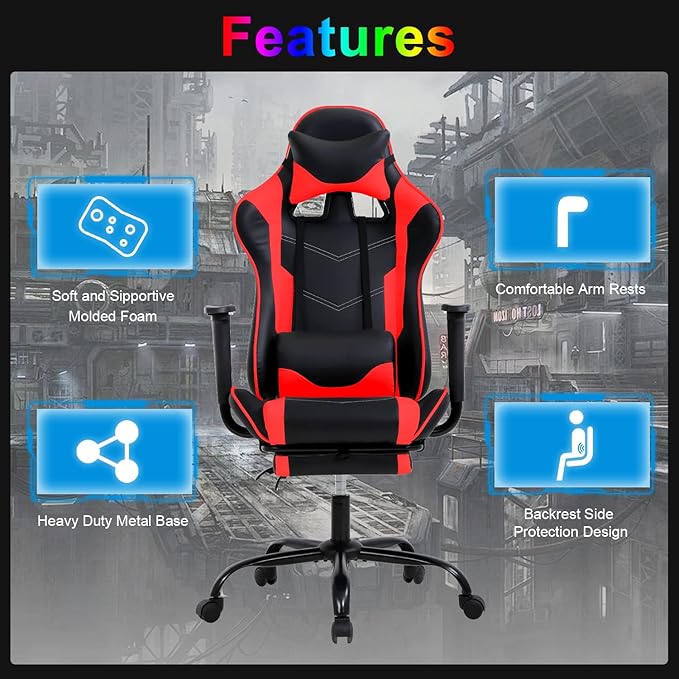 Gaming Chair Computer Chair Ergonomic Gaming Chair with Footrest Reclining High Back Video Game Chair with Lumbar Support Headrest Armrest Swivel Seat for Women Men (Red)