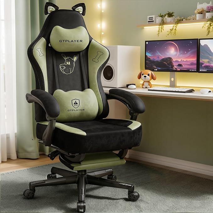 Gaming Chair Cute with Cat Ears Ergonomic Computer Chair with Dog Embroidery Adjustable Memory Foam Lumbar Support and Headrest Comfortable Reclining Office Chair for Girls Teens Women