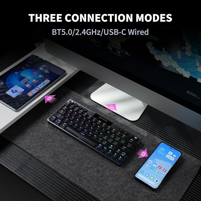 Hexgears A1 Low Profile Wireless Mechanical Keyboard - 60% Compact TKL Bluetooth 5.0/2.4GHz/Wired USB C Hot Swappable Linear Switch RGB Backlit Mini Portable Gaming Keyboard Aluminum for PC/MAC