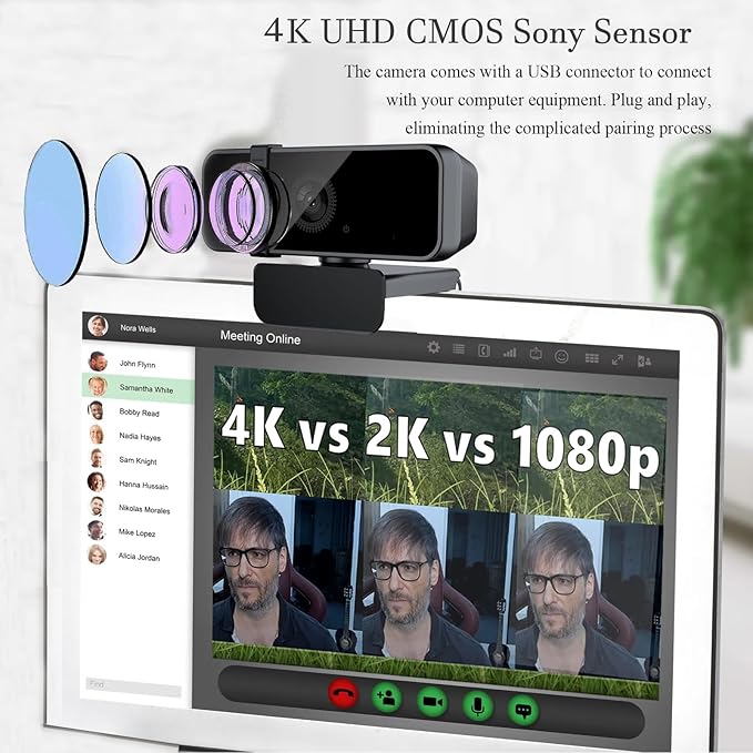 Webcam 4K Streaming Webcam with Remote Compatible with Sensor Noise-Canceling Dual Mics Computer Camera Auto-Focus Low Light Correction Ideal for Streaming OBS PCLaptopDesktop