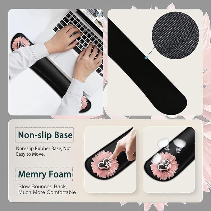 Large Mouse Pad Ergonomic Mouse Pad with Wrist Rest and Keyboard Wrist Rest 4 in 1 Set 31.5 x11.8 inch Extended Desk Pad for Home Office Cute Pink Sunflower Pattern XXL Black Gaming Mouse Mat