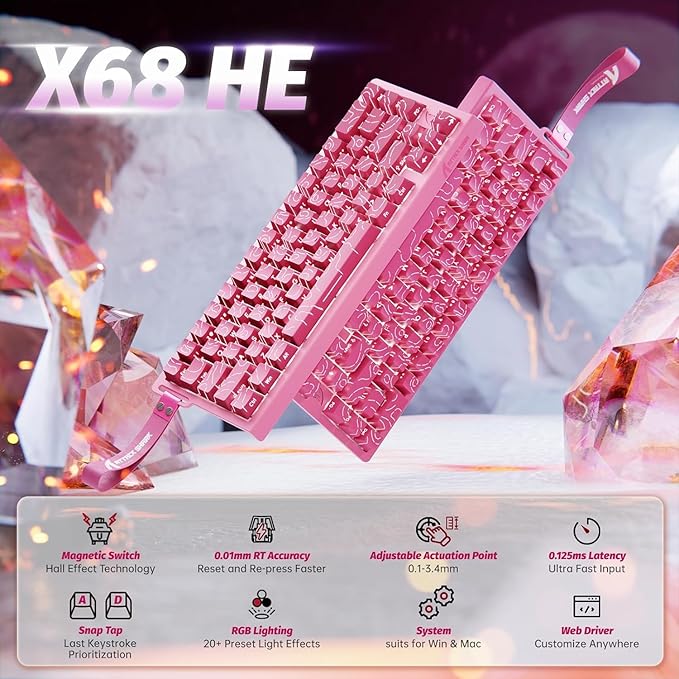 ATTACK SHARK X68 HE 8KHZ Rapid Trigger Keyboard Magnetic Switch0.01 mm RT AccuracyWired RGB 60% Gaming Keyboard TKL with Adjustable ActuationSnap TapCoiled Cablefor PC/Mac(Red)