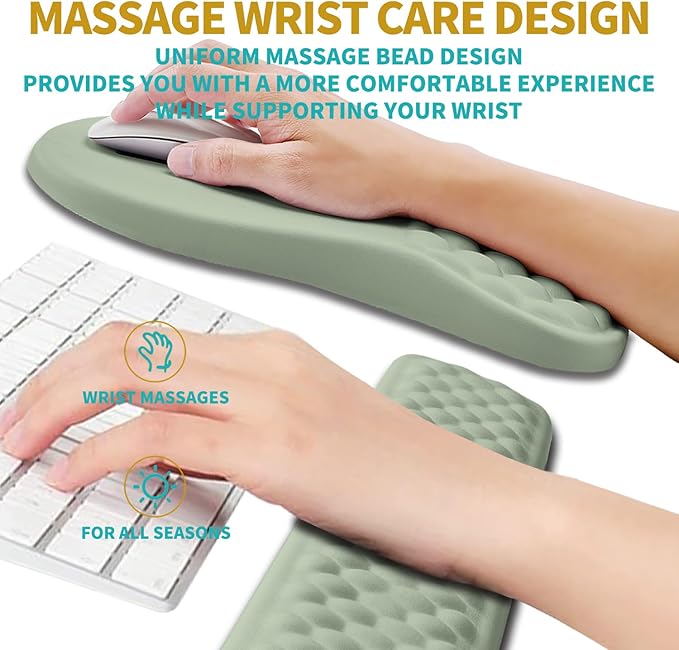 Hokafenle 2 in 1 Ergonomic Mouse Pad Wrist Support &amp Wrist Rest for Computer Keyboard Set with Relieve Carpal Tunnel Pain Massage Bulge and Full Memory Gel Design (2In1 Set Light Green)