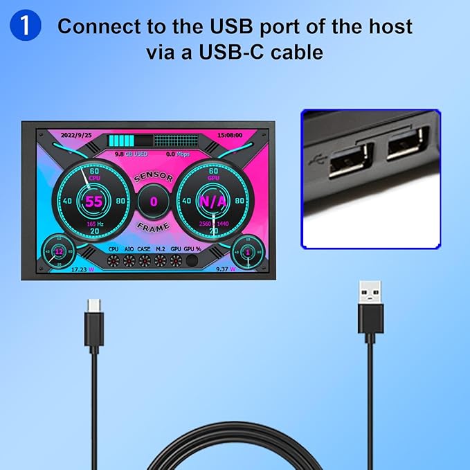 VSDISPLAY 7 Inch PC Case Screen 1280x800 Computer Temperature LCD Display with Theme Editor DIY CPU GPU RAM Data MonitoringBlack