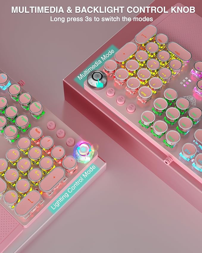 AULA F2088 Typewriter Mechanical Keyboard Pink Retro Wired Gaming Keyboard with Blue Switches Rainbow Backlit Round Keycaps Media Knob &amp Removable Wrist Rest