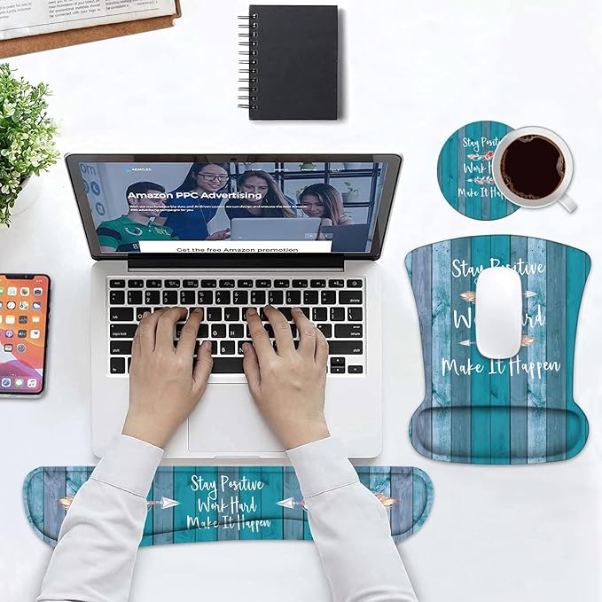 Keyboard Wrist Rest and Mouse Pad Wrist Support Set with Coasters Stay Positive Work Hard and Make It Happen Inspirational Quote Wrist Mouse Pad with Non-Slip PU Base for Home Office Working Studying