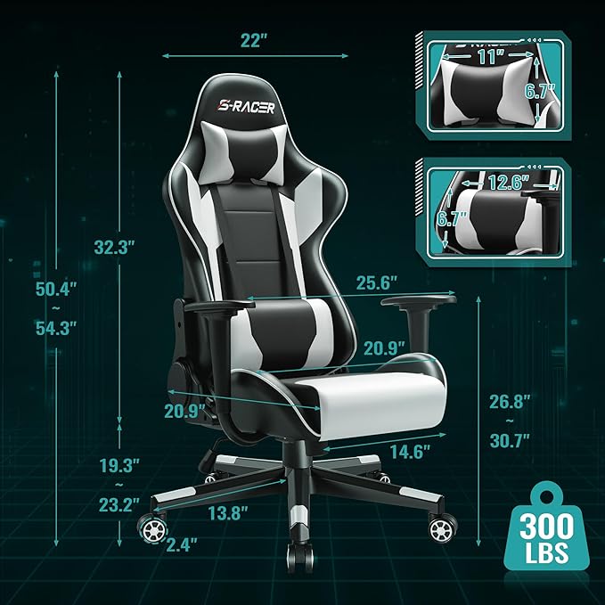 Furniwell Gaming Chair PU Leather Office Chair High Back Computer Desk Chair Adjustable Swivel Racing Executive Leather Ergonomic Task with Headrest and Lumbar Support (White)