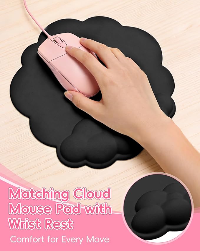 Cloud Wrist Rest Set for Keyboard and Mouse Ergonomic Memory Foam Wrist Support &amp Adjustable Keyboard Stand with Two Typing Angles Silky Lycra Surface Non-Slip Base (Black)