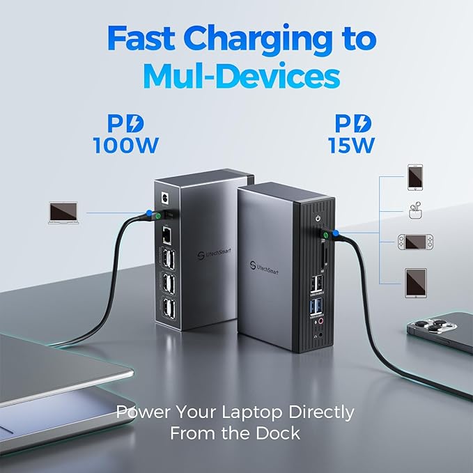 UtechSmart 3 Monitor 18 in 1 Docking Station 4K@60Hz Thunderbolt 3/4 USB-C Windows &amp MacBook Grey